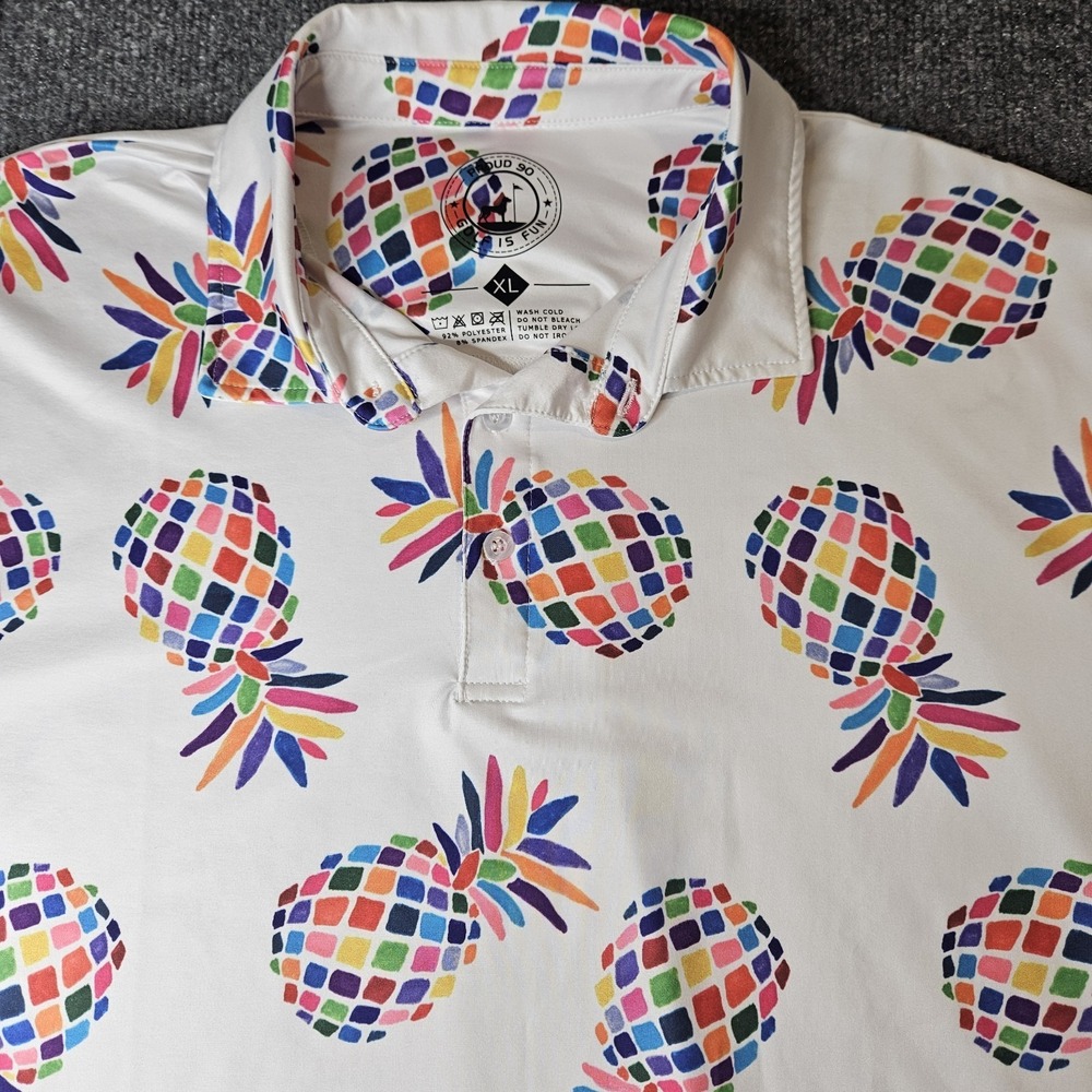 Proud 90 Golf Polo Shirt White‎ Tropical Pineapple Colorful Men's Size XL